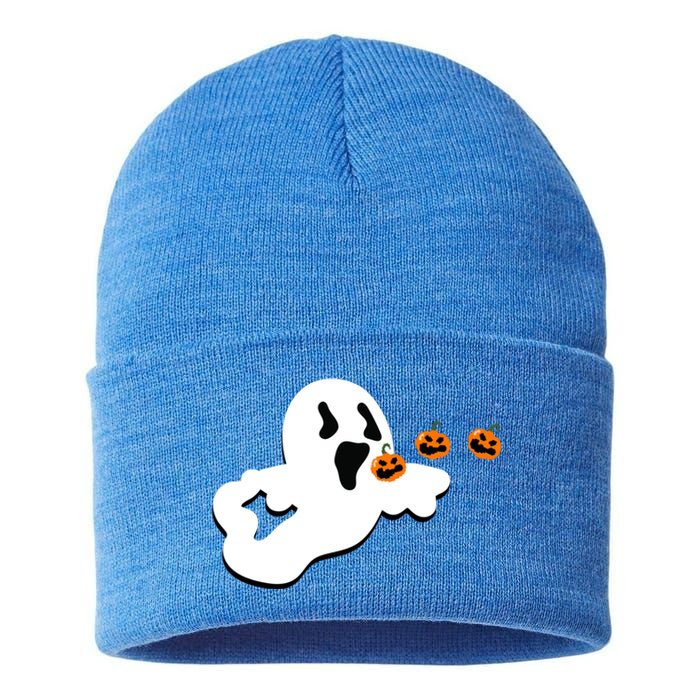 Halloween Funny Costume Ghost Eating Pumpkin Gaming Squad Funny Gift Sustainable Knit Beanie