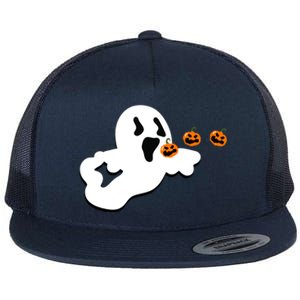 Halloween Funny Costume Ghost Eating Pumpkin Gaming Squad Funny Gift Flat Bill Trucker Hat