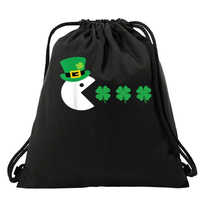 Happy Face Checked, Shamrock Green Clover St Patrick's Day Drawstring Bag