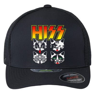 HISS Funny Cat Meow Kitty Rock Music Lover Purr And Roll Flexfit Unipanel Trucker Cap