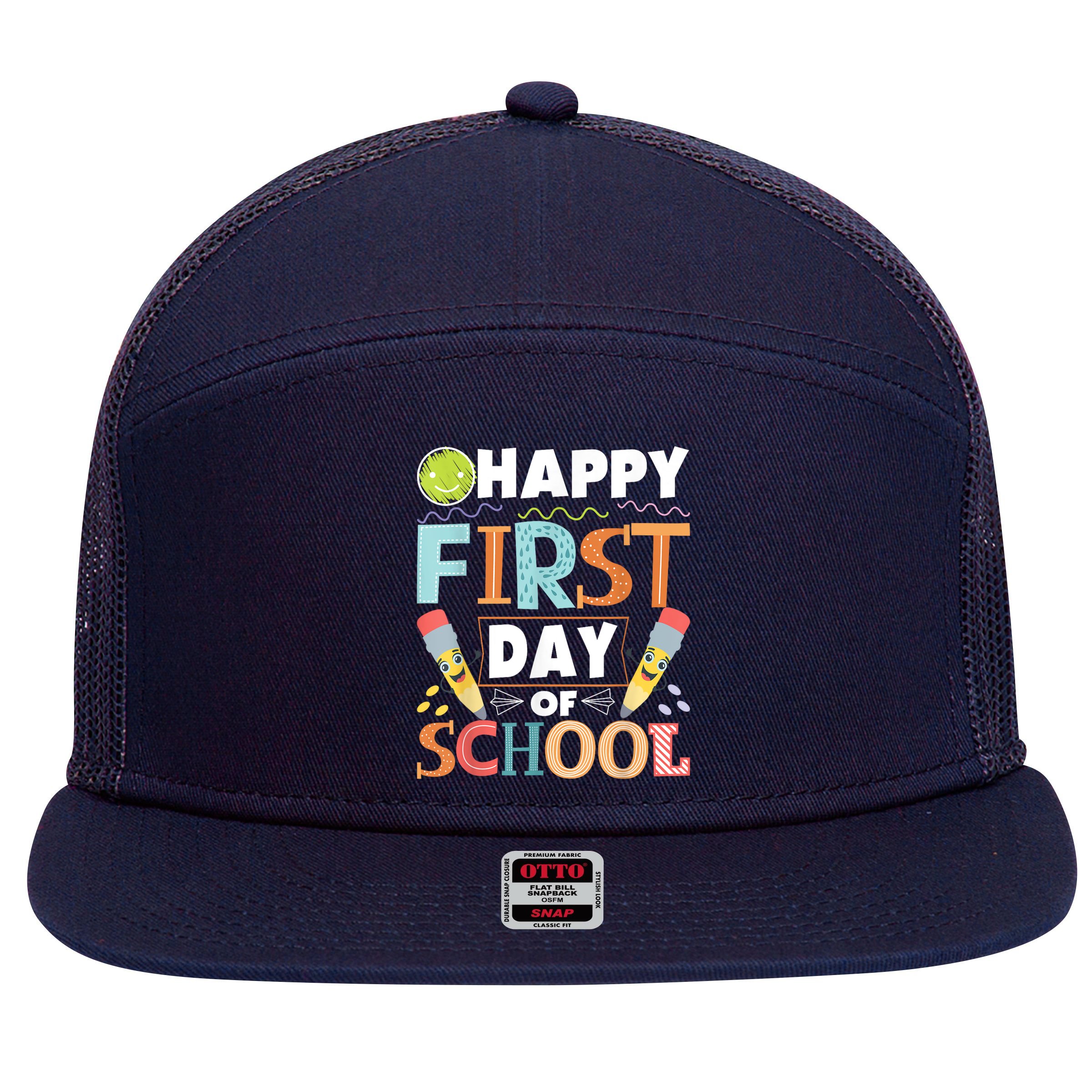 Happy First Day Of School Teacher Student Kindergarten 7 Panel Mesh Trucker Snapback Hat
