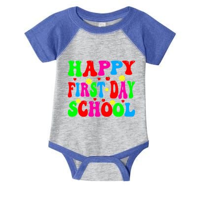 Happy First Day School Retro Groovy Teacher Back To School Meaningful Gift Infant Baby Jersey Bodysuit