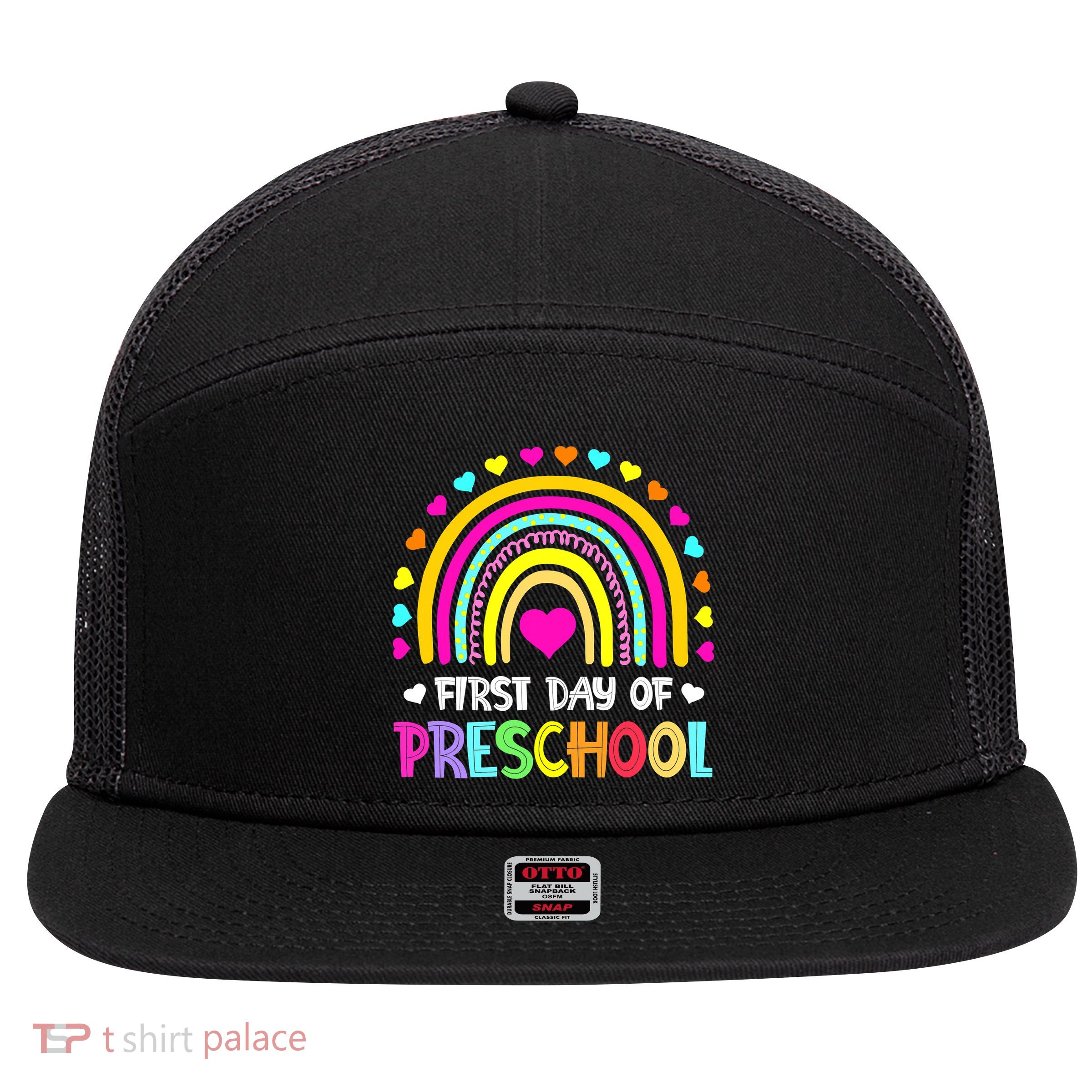 Happy First Day Of Preschool Back To School 7 Panel Mesh Trucker Snapback Hat