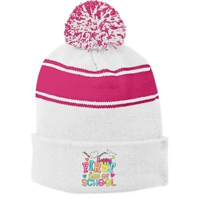 Happy First Day Of School Hello School Stripe Pom Pom Beanie