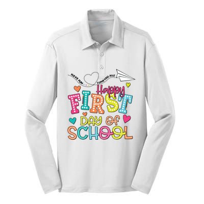 Happy First Day Of School Hello School Silk Touch Performance Long Sleeve Polo