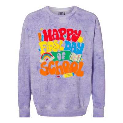 Happy First Day Of School Retro Teacher Women Back To School Colorblast Crewneck Sweatshirt