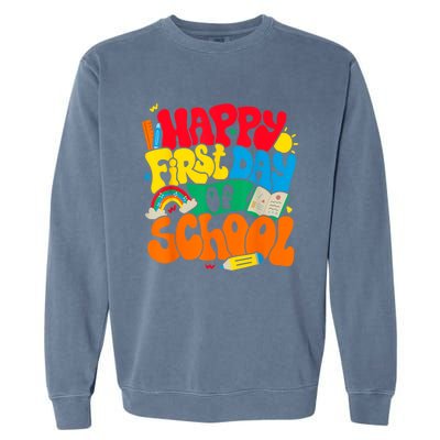 Happy First Day Of School Retro Teacher Women Back To School Garment-Dyed Sweatshirt