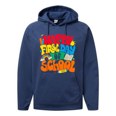 Happy First Day Of School Retro Teacher Women Back To School Performance Fleece Hoodie