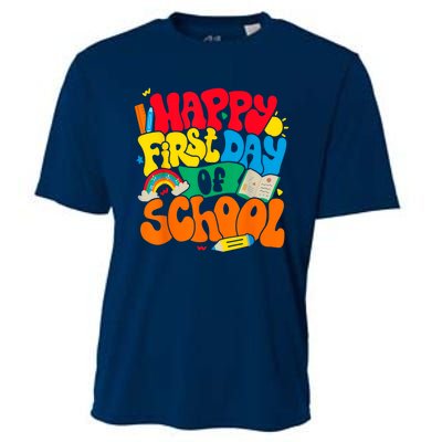 Happy First Day Of School Retro Teacher Women Back To School Cooling Performance Crew T-Shirt