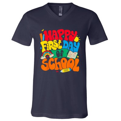 Happy First Day Of School Retro Teacher Women Back To School V-Neck T-Shirt