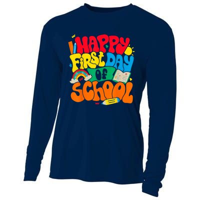 Happy First Day Of School Retro Teacher Women Back To School Cooling Performance Long Sleeve Crew