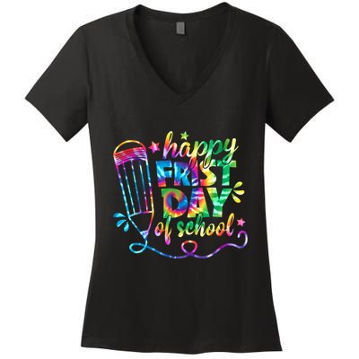 Happy First Day Of School Tie Dye Back To School Teacher Kids Women's V-Neck T-Shirt
