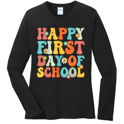 Happy First Day Of School Teacher Kids Back To School Ladies Long Sleeve Shirt