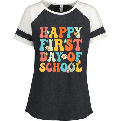 Happy First Day Of School Teacher Kids Back To School Enza Ladies Jersey Colorblock Tee