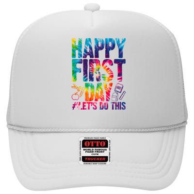 Happy First Day Let's Do This Back To School Rainbow High Crown Mesh Back Trucker Hat