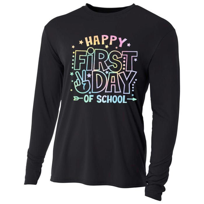 Happy First Day Of School Tie Dye Teacher Student Cooling Performance Long Sleeve Crew