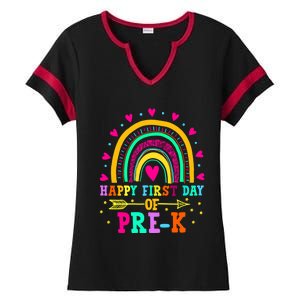 Happy First Day Of PreK Rainbow Heart Teacher Students Gift Ladies Halftime Notch Neck Tee