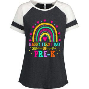 Happy First Day Of PreK Rainbow Heart Teacher Students Gift Enza Ladies Jersey Colorblock Tee