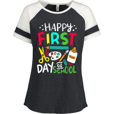 Happy First Day Of School Teacher Back To School Student Enza Ladies Jersey Colorblock Tee