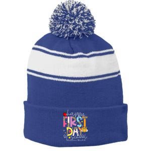 Happy First Day Of School Welcome Back To School Teachers Gift Stripe Pom Pom Beanie