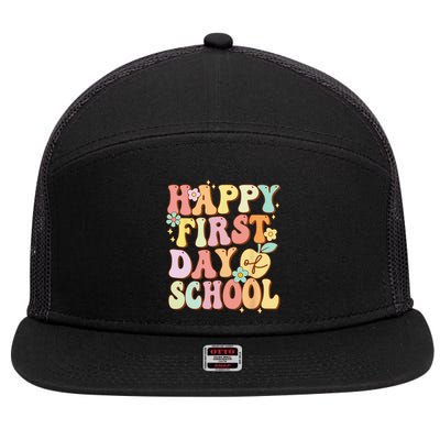 Happy First Day Of School Teachers Back To School Love 7 Panel Mesh Trucker Snapback Hat