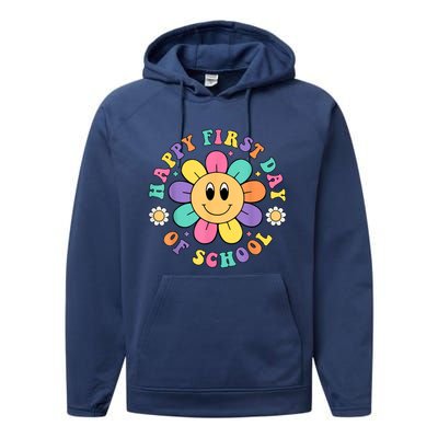 Happy First Day Of School Teacher Back To School Boy Girl Performance Fleece Hoodie