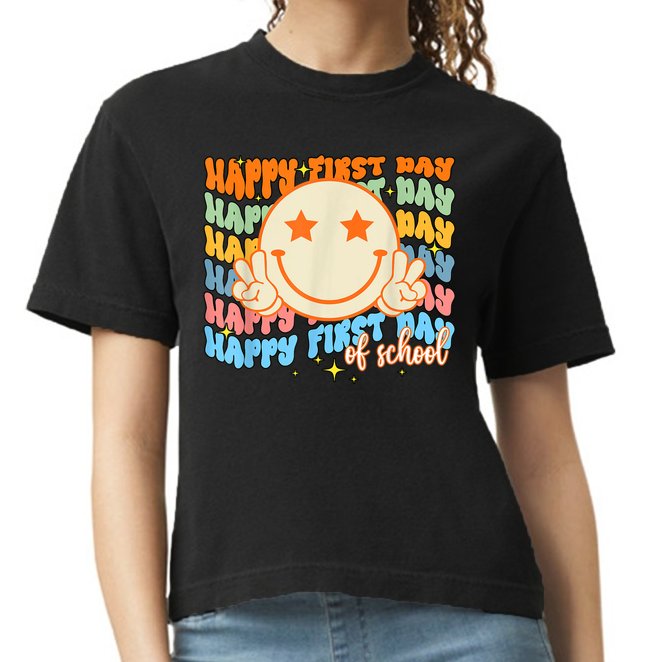 Happy First Day Of School Hippie Face Back To School Teacher Comfort Colors Boxy T-Shirt