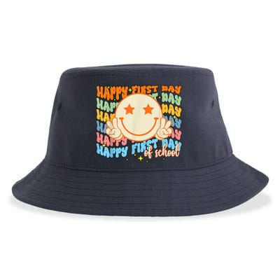 Happy First Day Of School Hippie Face Back To School Teacher Sustainable Bucket Hat