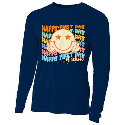Happy First Day Of School Hippie Face Back To School Teacher Cooling Performance Long Sleeve Crew