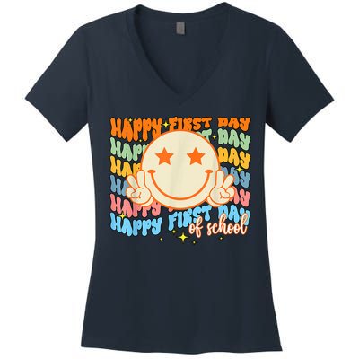 Happy First Day Of School Hippie Face Back To School Teacher Women's V-Neck T-Shirt