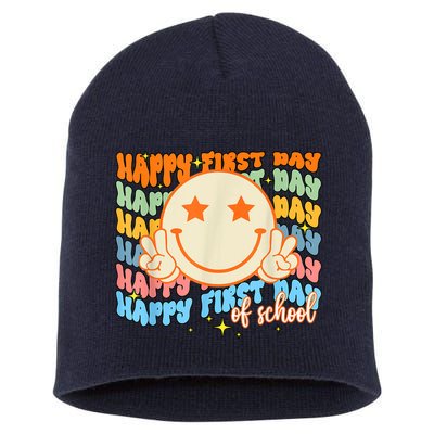 Happy First Day Of School Hippie Face Back To School Teacher Short Acrylic Beanie