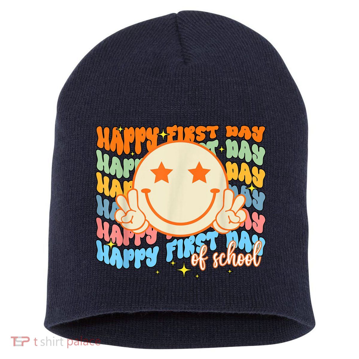 Happy First Day Of School Hippie Face Back To School Teacher Short Acrylic Beanie