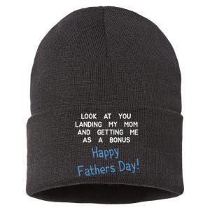 Happy Fathers Day Look At You Landing My Mom Funny Dad Sustainable Knit Beanie