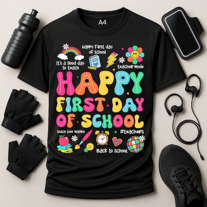Happy First Day Of School Teacher 1st Back To School Cooling Performance Crew T-Shirt