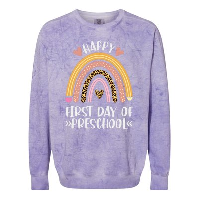 Happy First Day Of Preschool Back To School Leopard Rainbow Colorblast Crewneck Sweatshirt