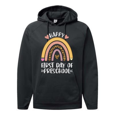 Happy First Day Of Preschool Back To School Leopard Rainbow Performance Fleece Hoodie