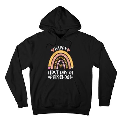 Happy First Day Of Preschool Back To School Leopard Rainbow Hoodie