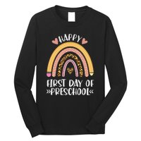 Happy First Day Of Preschool Back To School Leopard Rainbow Long Sleeve Shirt