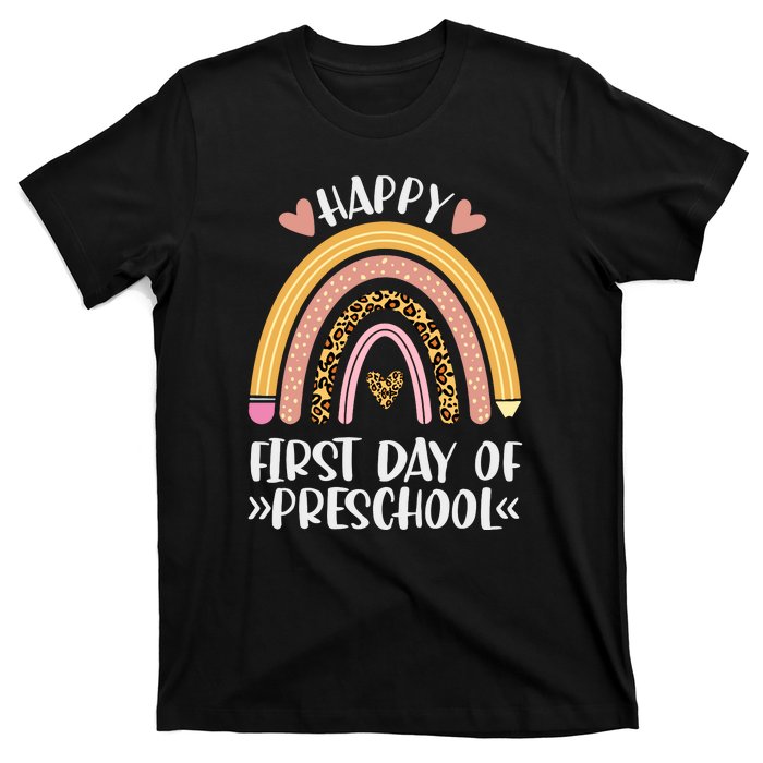 Happy First Day Of Preschool Back To School Leopard Rainbow T-Shirt