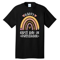 Happy First Day Of Preschool Back To School Leopard Rainbow Tall T-Shirt