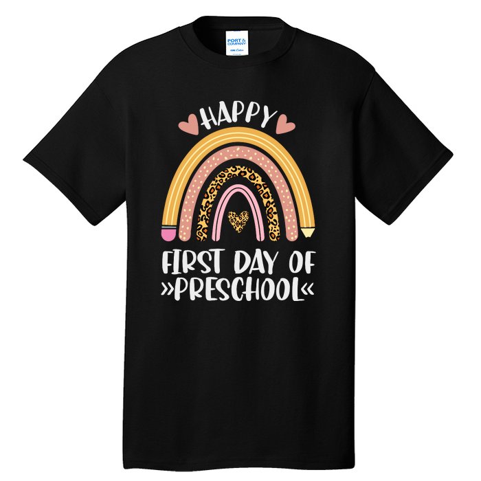 Happy First Day Of Preschool Back To School Leopard Rainbow Tall T-Shirt