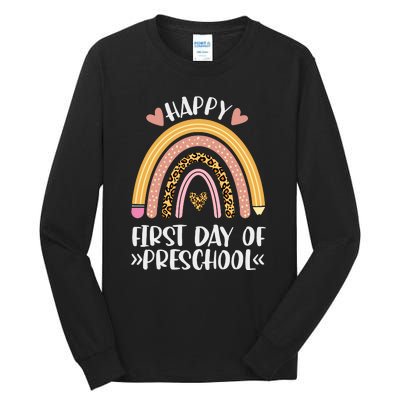 Happy First Day Of Preschool Back To School Leopard Rainbow Tall Long Sleeve T-Shirt