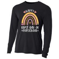 Happy First Day Of Preschool Back To School Leopard Rainbow Cooling Performance Long Sleeve Crew