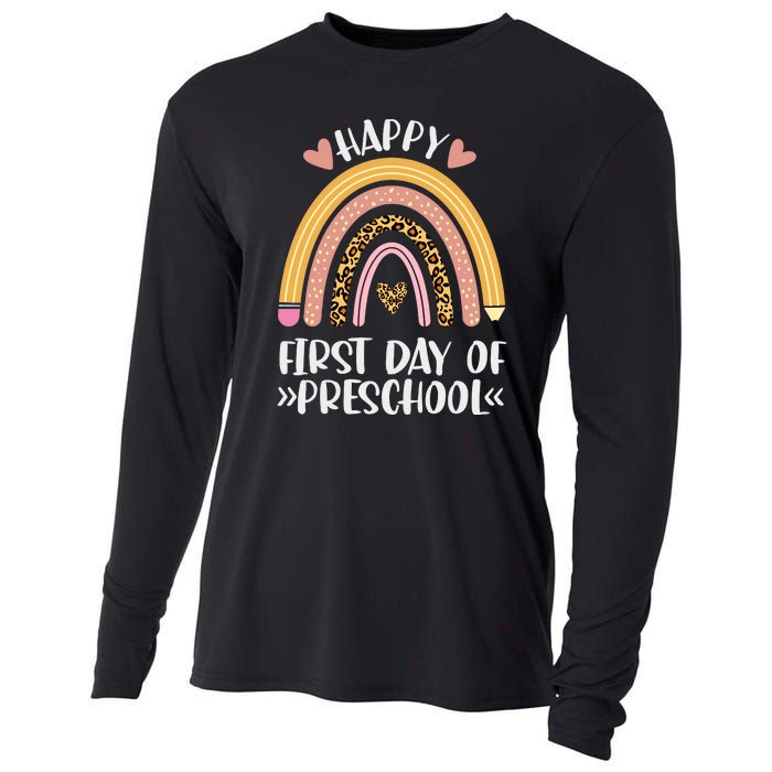 Happy First Day Of Preschool Back To School Leopard Rainbow Cooling Performance Long Sleeve Crew