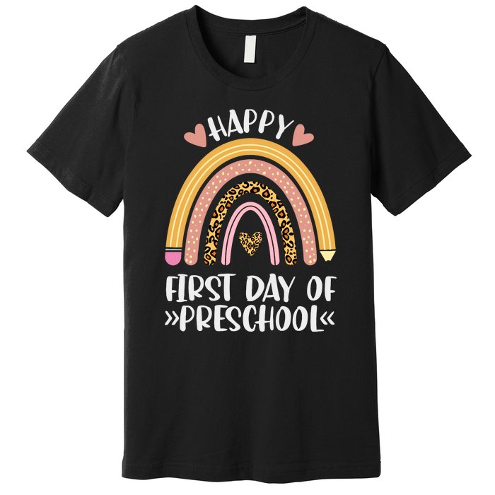 Happy First Day Of Preschool Back To School Leopard Rainbow Premium T-Shirt