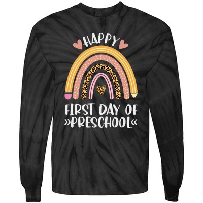 Happy First Day Of Preschool Back To School Leopard Rainbow Tie-Dye Long Sleeve Shirt