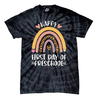 Happy First Day Of Preschool Back To School Leopard Rainbow Tie-Dye T-Shirt