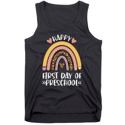 Happy First Day Of Preschool Back To School Leopard Rainbow Tank Top