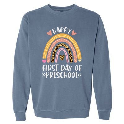 Happy First Day Of Preschool Back To School Leopard Rainbow Garment-Dyed Sweatshirt