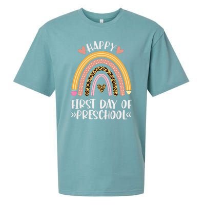 Happy First Day Of Preschool Back To School Leopard Rainbow Sueded Cloud Jersey T-Shirt